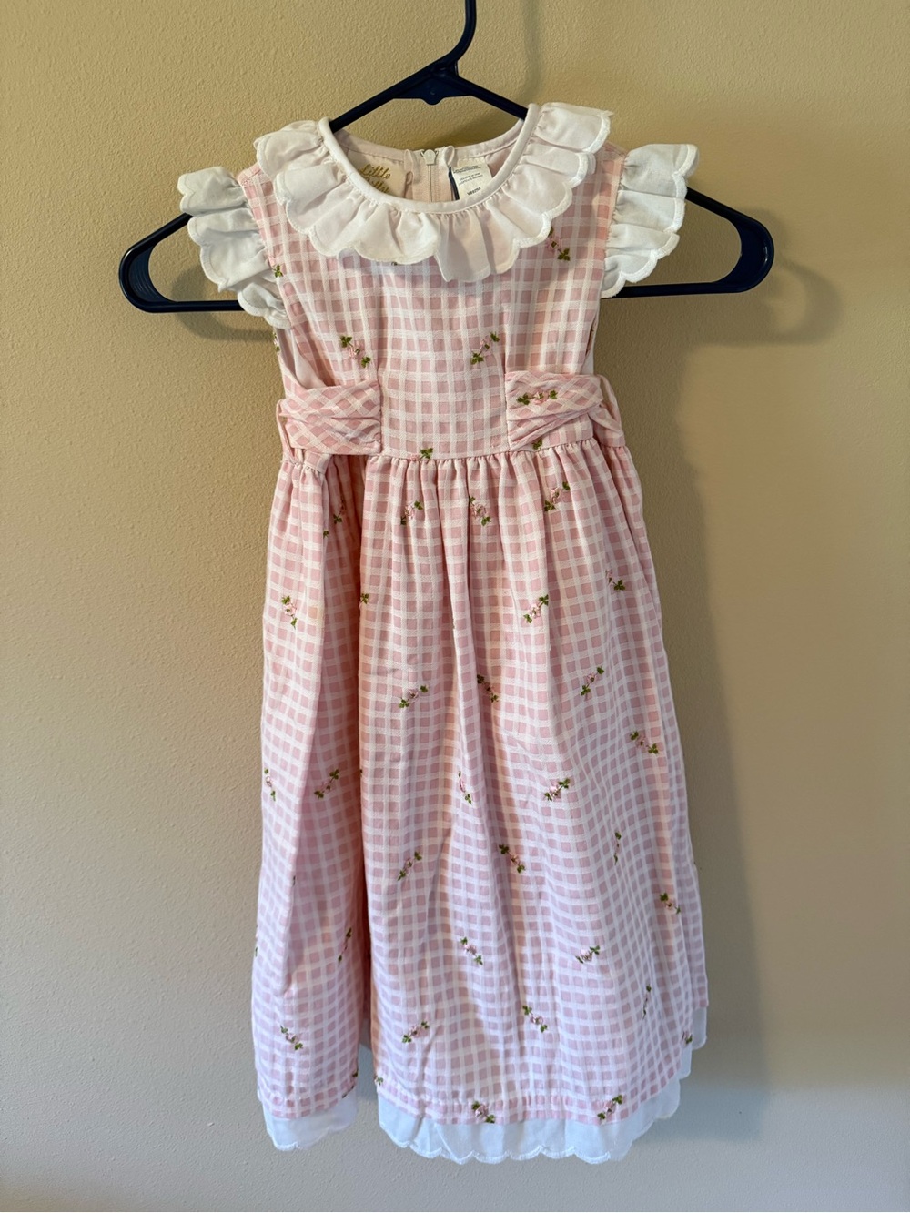 Vintage 1999 Girls Pink Gingham Floral Ruffle-Trim Dress